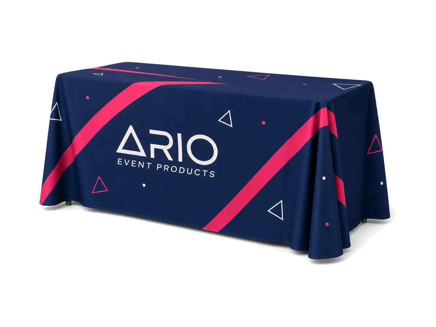 4-sided printed tablecloth with ARIO print on a table