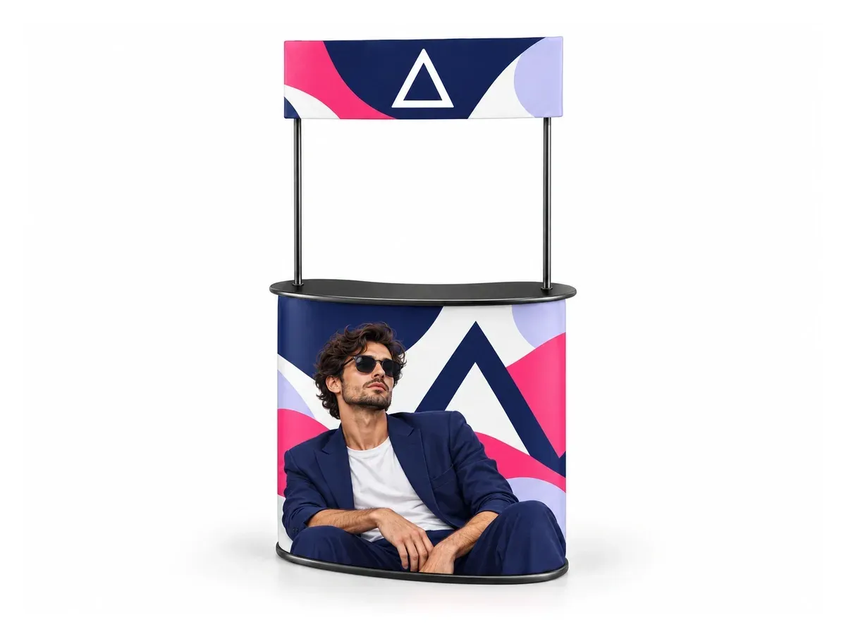 Arched Promo Counter with Additional Topper Sign with print, on a white background