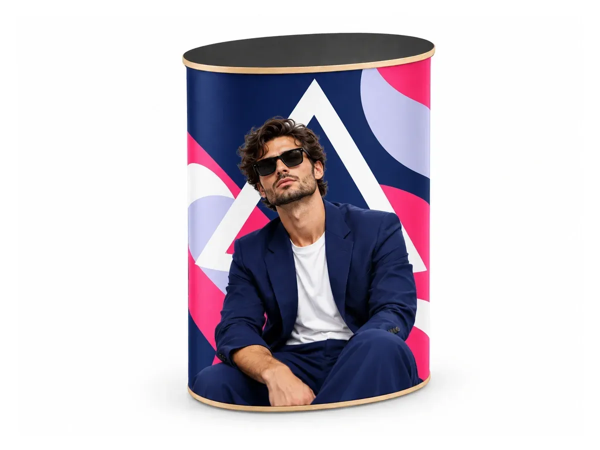 Oval Fabric Promo Counter with print, on a white background