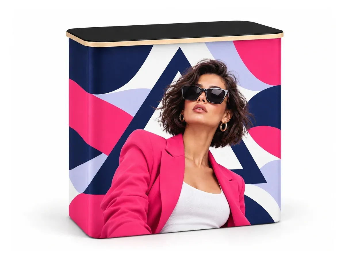 Rectangular Fabric Promo Counter with print, on a white background