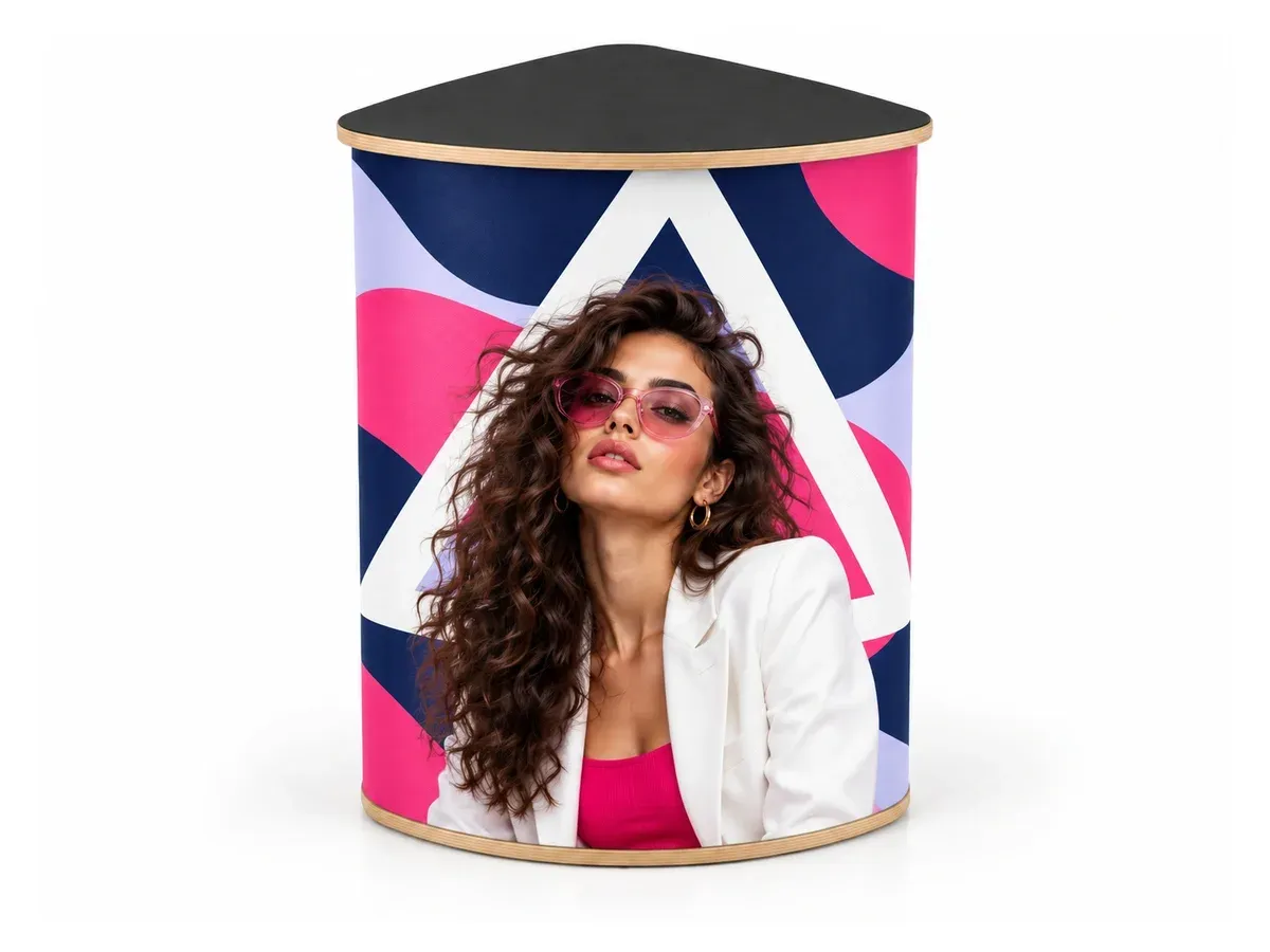 Triangular Fabric Promo Counter with print, on a white background
