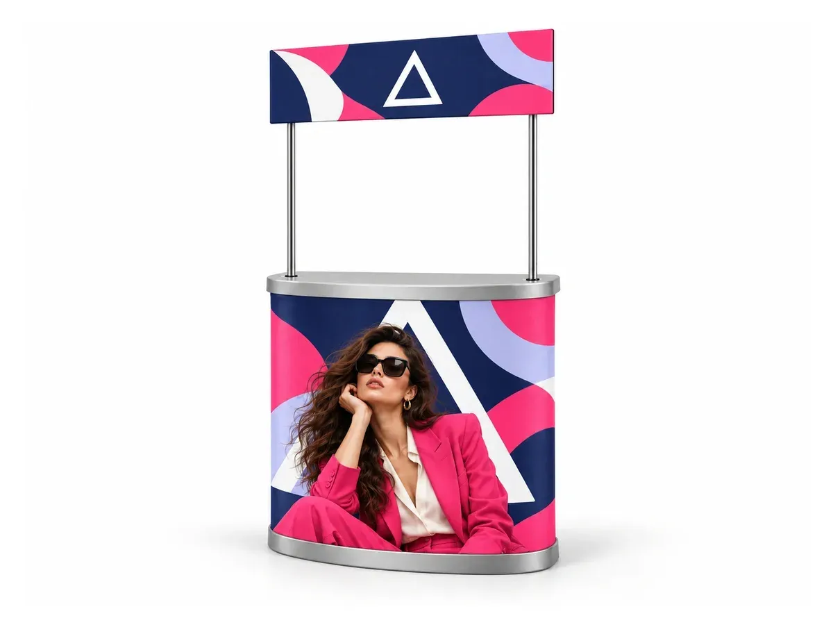 Promo Counter with Additional Topper Sign with print, on a white background